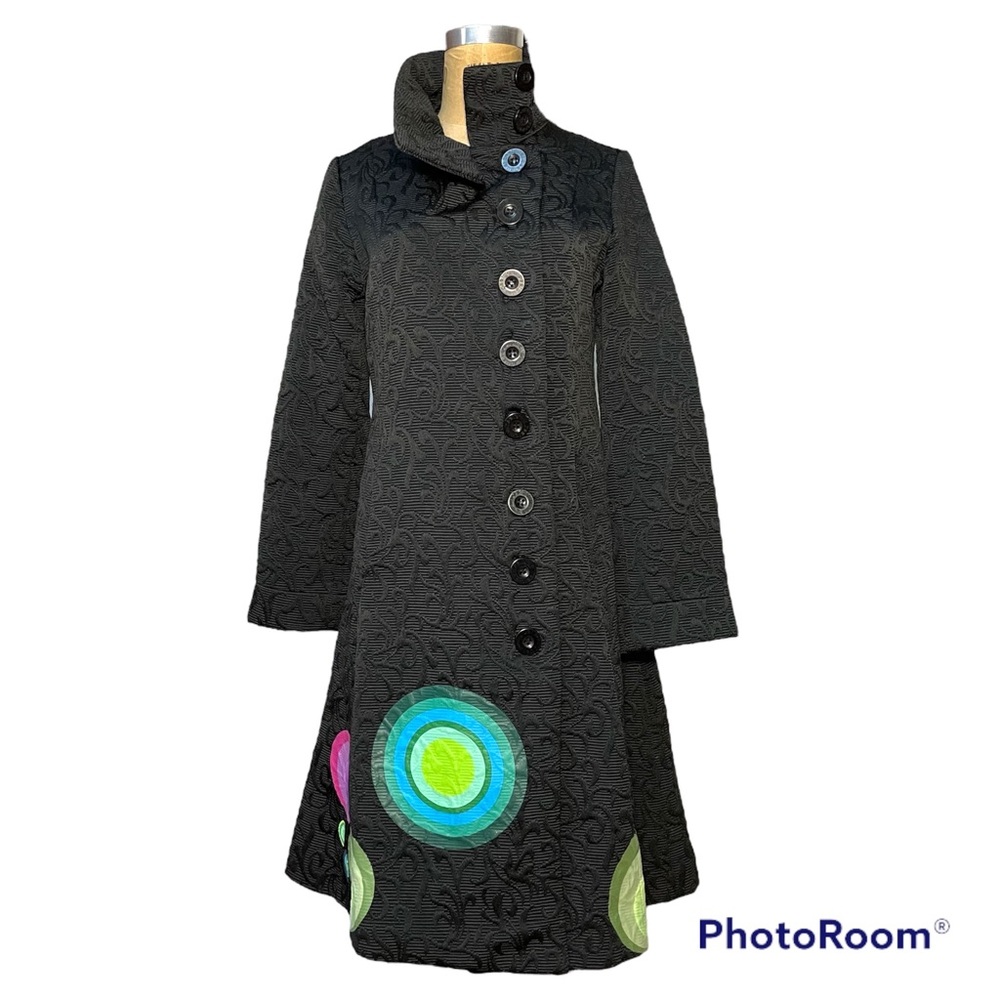 Desigual black jacquard long coat size 38